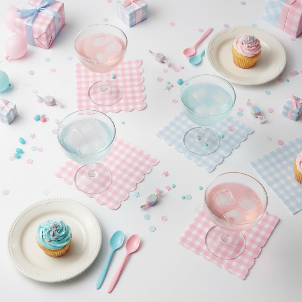 40PCS Gingham Scalloped Paper Napkins, Pink & Blue Plaid 5x5 inch Folded (10x10 inch Unfolded) Party Napkins for Baby Shower, Birthday, Picnic, Tea Party, Bridal Shower Decorations