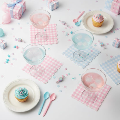 40PCS Gingham Scalloped Paper Napkins, Pink & Blue Plaid 5x5 inch Folded (10x10 inch Unfolded) Party Napkins for Baby Shower, Birthday, Picnic, Tea Party, Bridal Shower Decorations