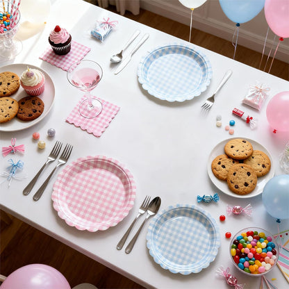 40PCS Gingham Scalloped Paper Napkins, Pink & Blue Plaid 5x5 inch Folded (10x10 inch Unfolded) Party Napkins for Baby Shower, Birthday, Picnic, Tea Party, Bridal Shower Decorations