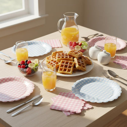 40PCS Gingham Scalloped Paper Napkins, Pink & Blue Plaid 5x5 inch Folded (10x10 inch Unfolded) Party Napkins for Baby Shower, Birthday, Picnic, Tea Party, Bridal Shower Decorations