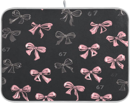 Bows 67 Light Pink Dark Grey Dish Drying Mat for Counter Drying Kitchen Mats Coffee Bar Mats for Countertops Dishes Utensils Sinks 18 x 24 IN
