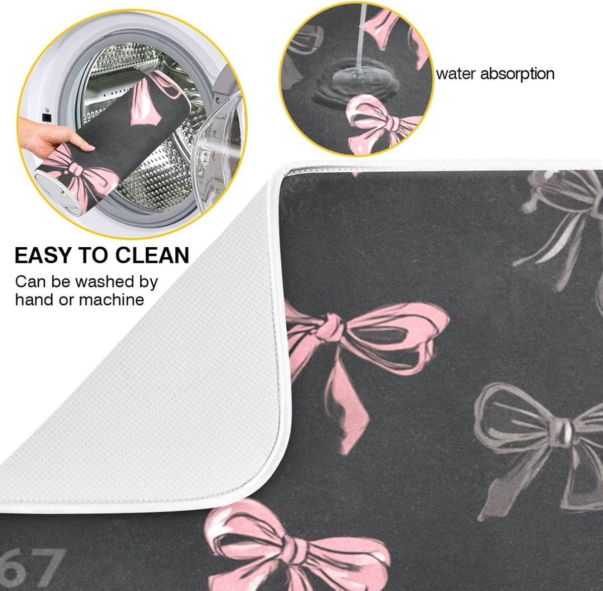 Bows 67 Light Pink Dark Grey Dish Drying Mat for Counter Drying Kitchen Mats Coffee Bar Mats for Countertops Dishes Utensils Sinks 18 x 24 IN