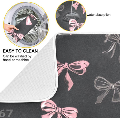 Bows 67 Light Pink Dark Grey Dish Drying Mat for Counter Drying Kitchen Mats Coffee Bar Mats for Countertops Dishes Utensils Sinks 18 x 24 IN