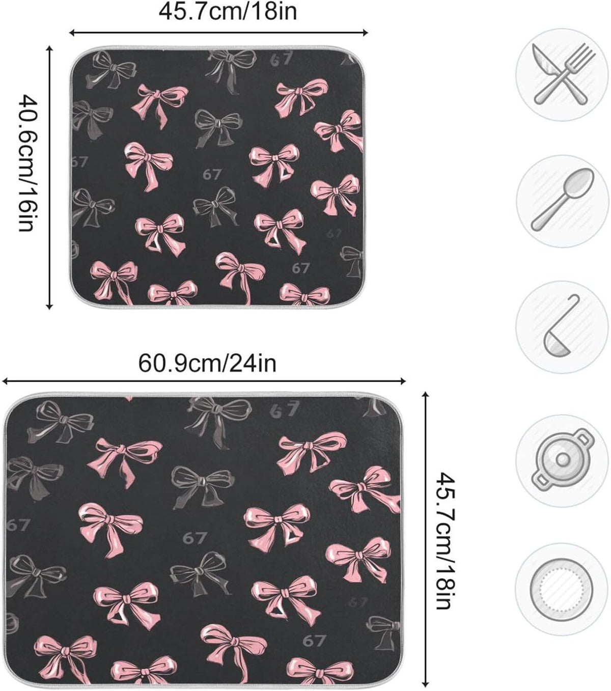 Bows 67 Light Pink Dark Grey Dish Drying Mat for Counter Drying Kitchen Mats Coffee Bar Mats for Countertops Dishes Utensils Sinks 18 x 24 IN