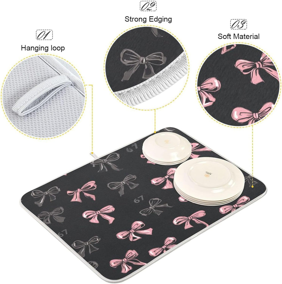 Bows 67 Light Pink Dark Grey Dish Drying Mat for Counter Drying Kitchen Mats Coffee Bar Mats for Countertops Dishes Utensils Sinks 18 x 24 IN