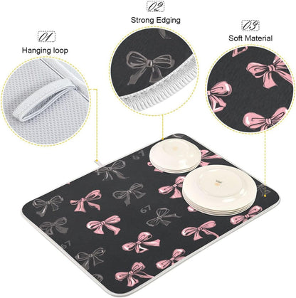 Bows 67 Light Pink Dark Grey Dish Drying Mat for Counter Drying Kitchen Mats Coffee Bar Mats for Countertops Dishes Utensils Sinks 18 x 24 IN
