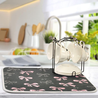 Bows 67 Light Pink Dark Grey Dish Drying Mat for Counter Drying Kitchen Mats Coffee Bar Mats for Countertops Dishes Utensils Sinks 18 x 24 IN