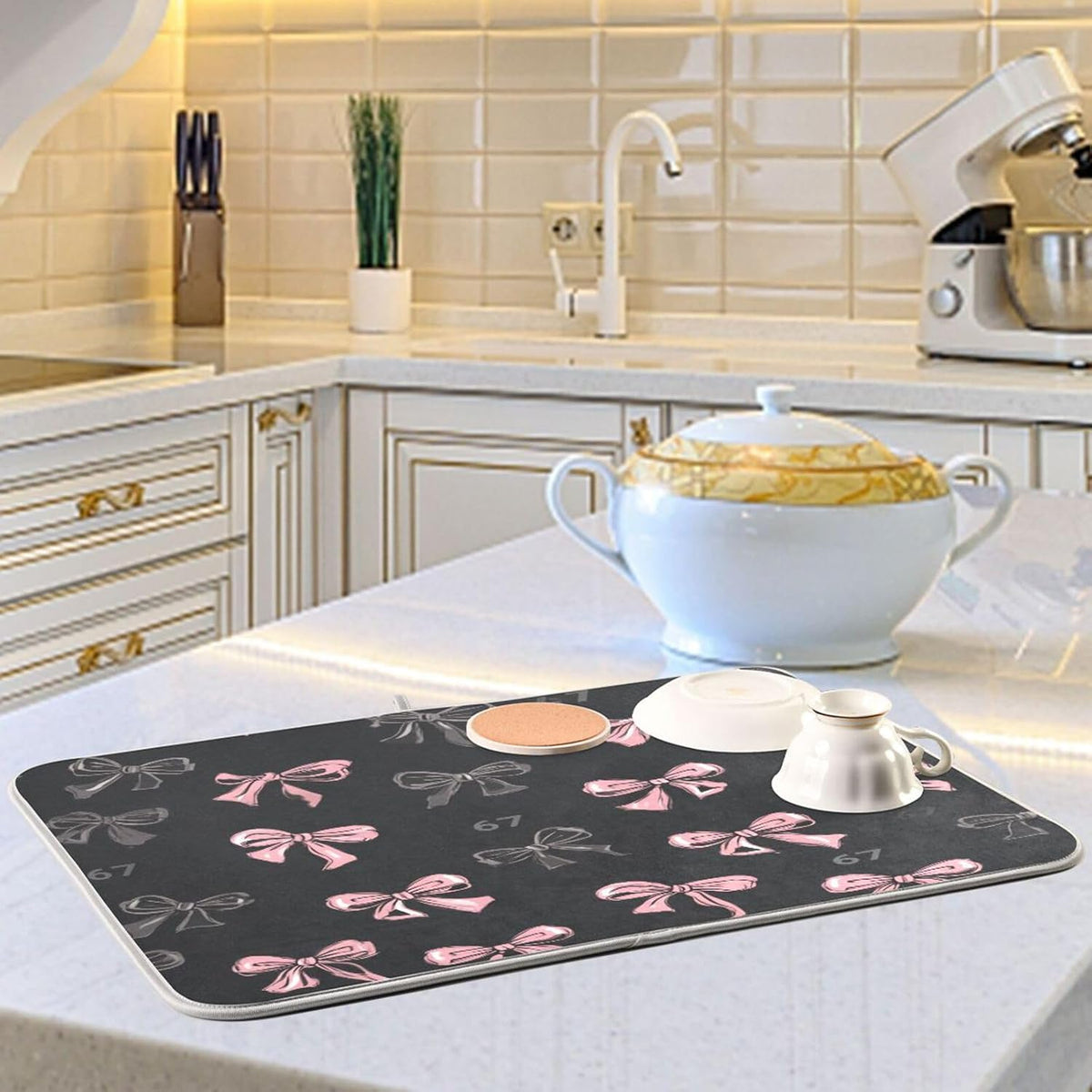Bows 67 Light Pink Dark Grey Dish Drying Mat for Counter Drying Kitchen Mats Coffee Bar Mats for Countertops Dishes Utensils Sinks 18 x 24 IN
