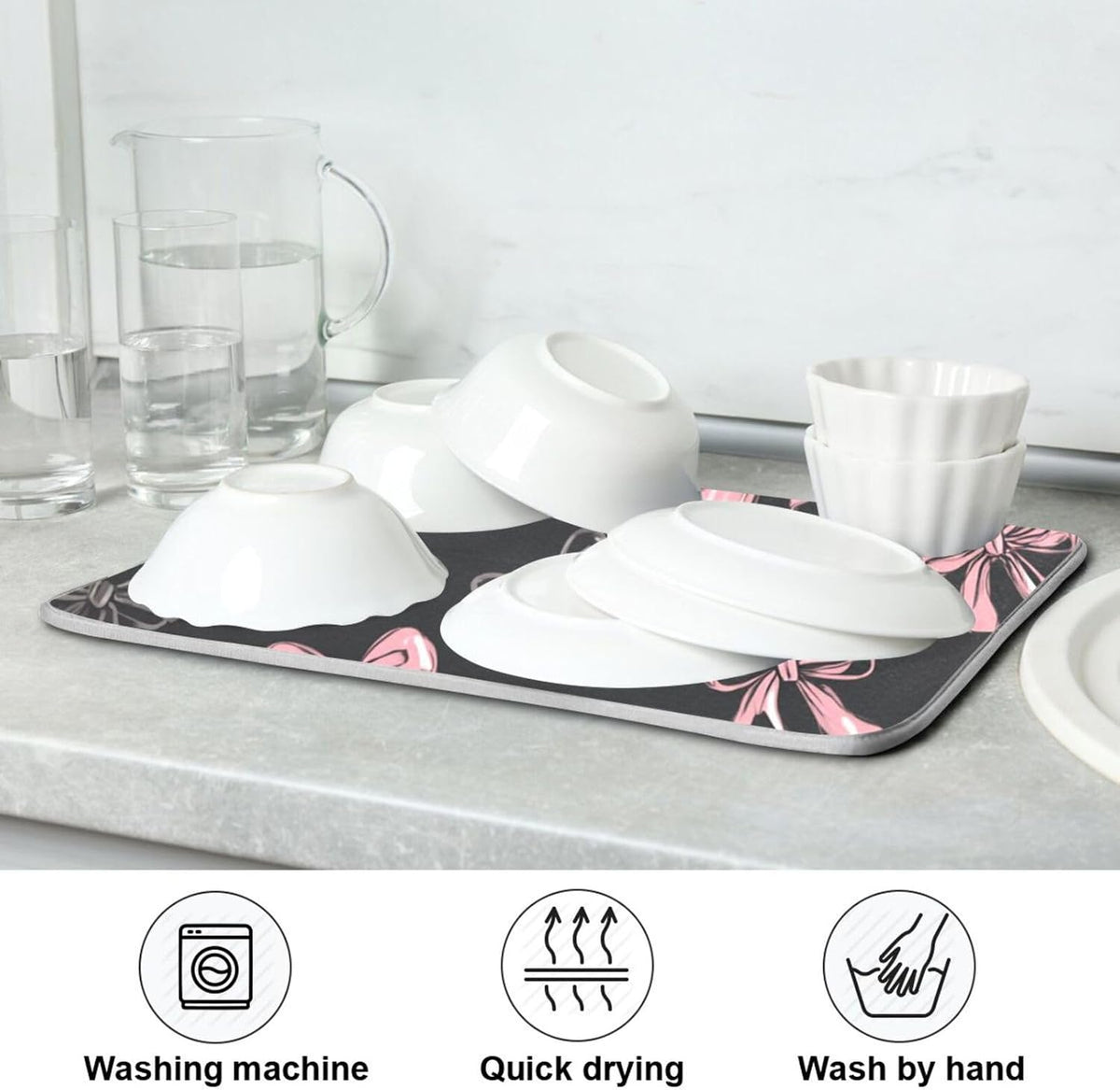 Bows 67 Light Pink Dark Grey Dish Drying Mat for Counter Drying Kitchen Mats Coffee Bar Mats for Countertops Dishes Utensils Sinks 18 x 24 IN