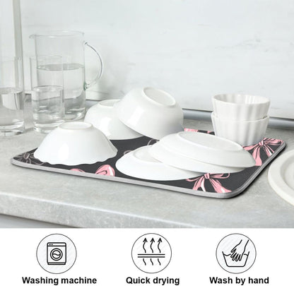 Bows 67 Light Pink Dark Grey Dish Drying Mat for Counter Drying Kitchen Mats Coffee Bar Mats for Countertops Dishes Utensils Sinks 18 x 24 IN