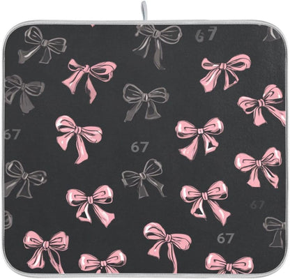 Bows 67 Light Pink Dark Grey Dish Drying Mat for Counter Drying Kitchen Mats Coffee Bar Mats for Countertops Dishes Utensils Sinks 18 x 24 IN