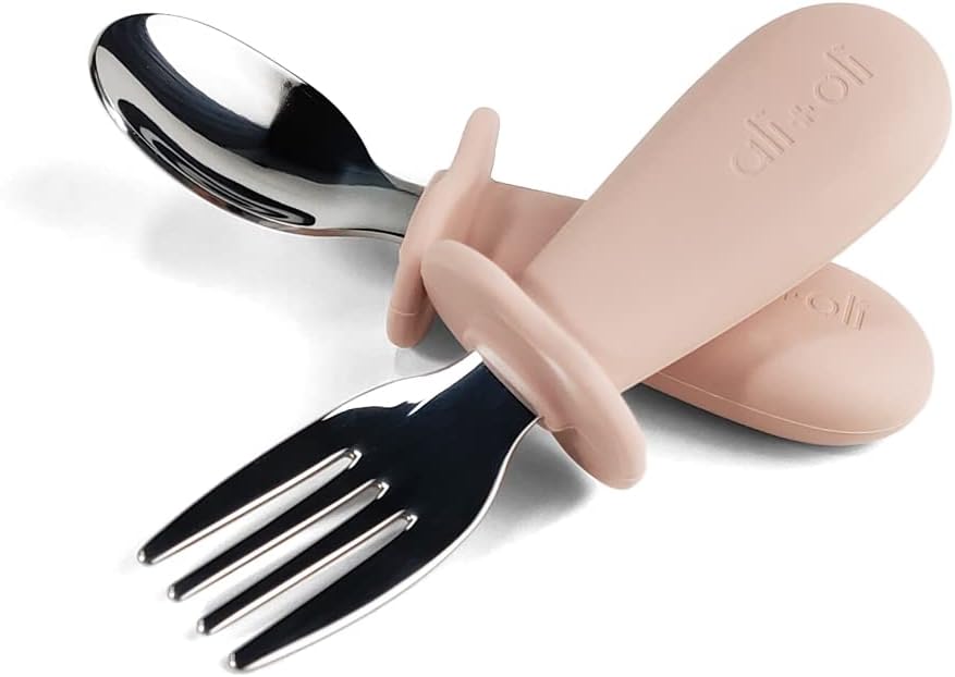 Spoon & Fork Learning Set for Toddlers (Powder Pink) 6m+ Grab Easy BPA Free Food-Grade Silicone Handle, Kids Silverware Self Feeding Baby Utensil, Multi-stage Baby Feeding Set Ergonomic Design