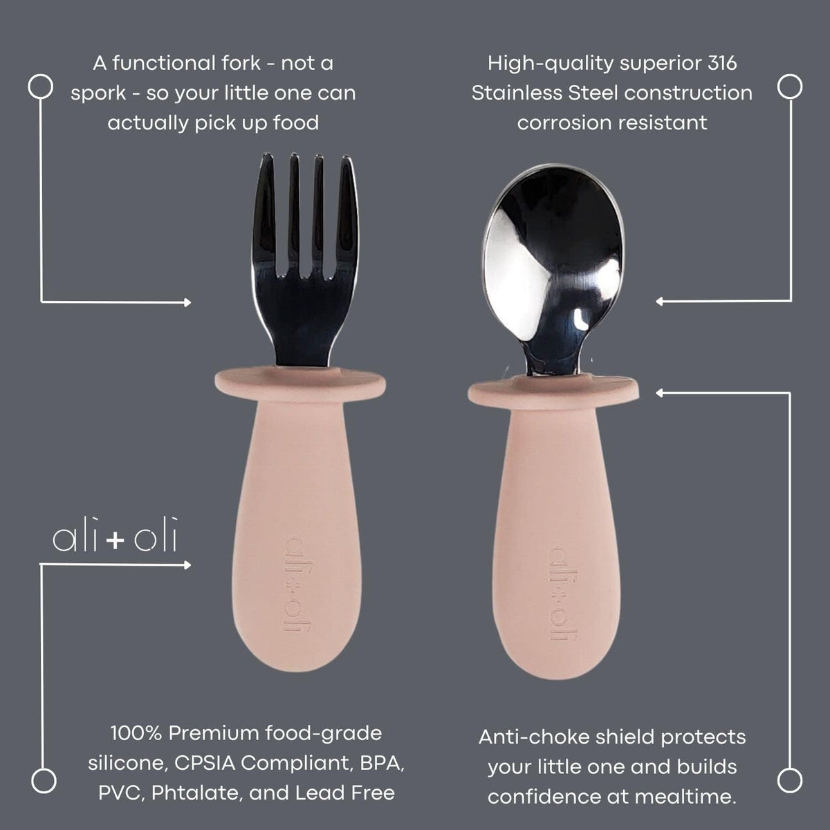 Spoon & Fork Learning Set for Toddlers (Powder Pink) 6m+ Grab Easy BPA Free Food-Grade Silicone Handle, Kids Silverware Self Feeding Baby Utensil, Multi-stage Baby Feeding Set Ergonomic Design
