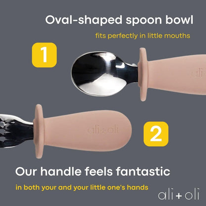 Spoon & Fork Learning Set for Toddlers (Powder Pink) 6m+ Grab Easy BPA Free Food-Grade Silicone Handle, Kids Silverware Self Feeding Baby Utensil, Multi-stage Baby Feeding Set Ergonomic Design