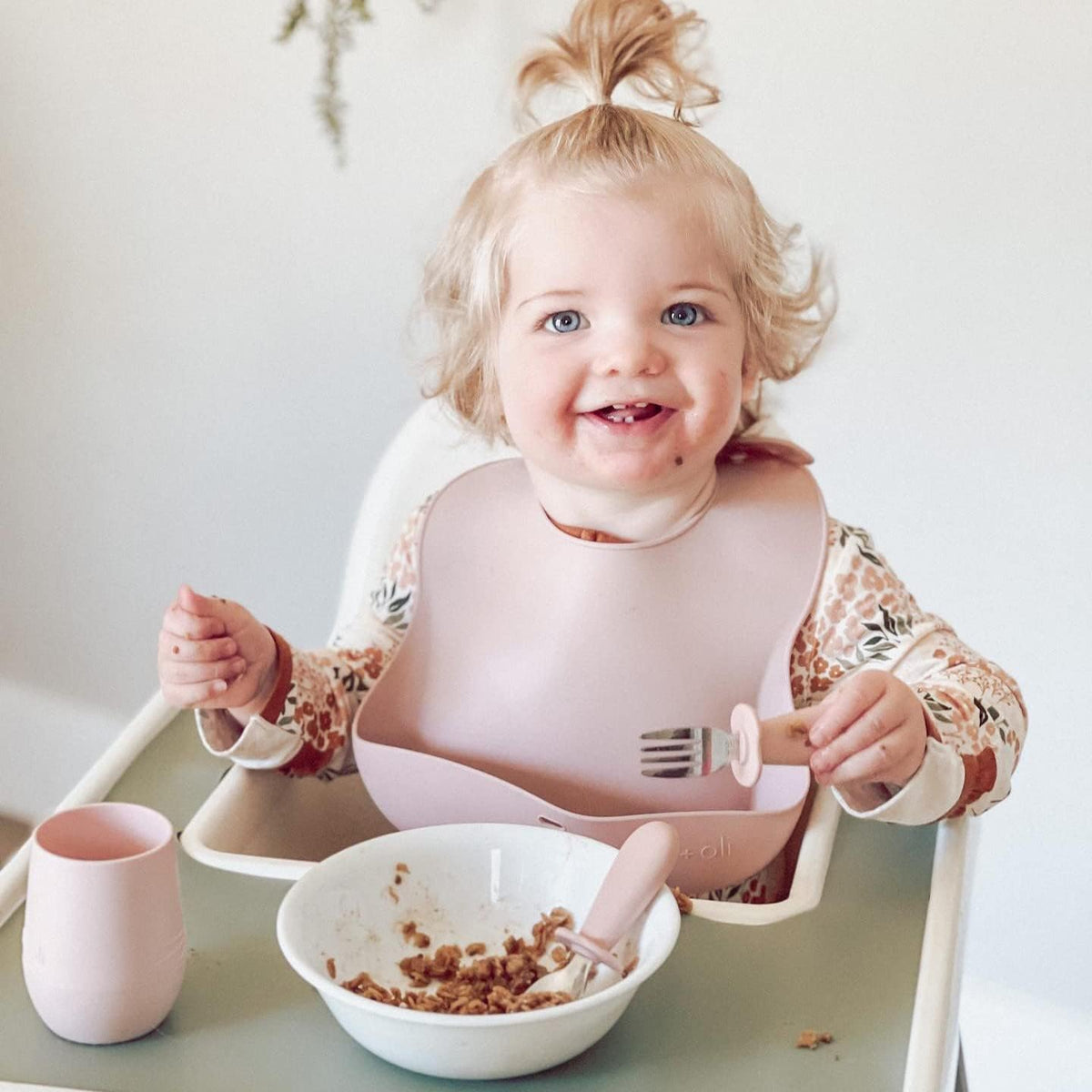 Spoon & Fork Learning Set for Toddlers (Powder Pink) 6m+ Grab Easy BPA Free Food-Grade Silicone Handle, Kids Silverware Self Feeding Baby Utensil, Multi-stage Baby Feeding Set Ergonomic Design