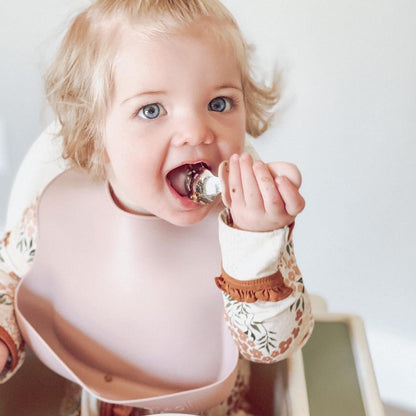 Spoon & Fork Learning Set for Toddlers (Powder Pink) 6m+ Grab Easy BPA Free Food-Grade Silicone Handle, Kids Silverware Self Feeding Baby Utensil, Multi-stage Baby Feeding Set Ergonomic Design
