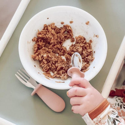 Spoon & Fork Learning Set for Toddlers (Powder Pink) 6m+ Grab Easy BPA Free Food-Grade Silicone Handle, Kids Silverware Self Feeding Baby Utensil, Multi-stage Baby Feeding Set Ergonomic Design