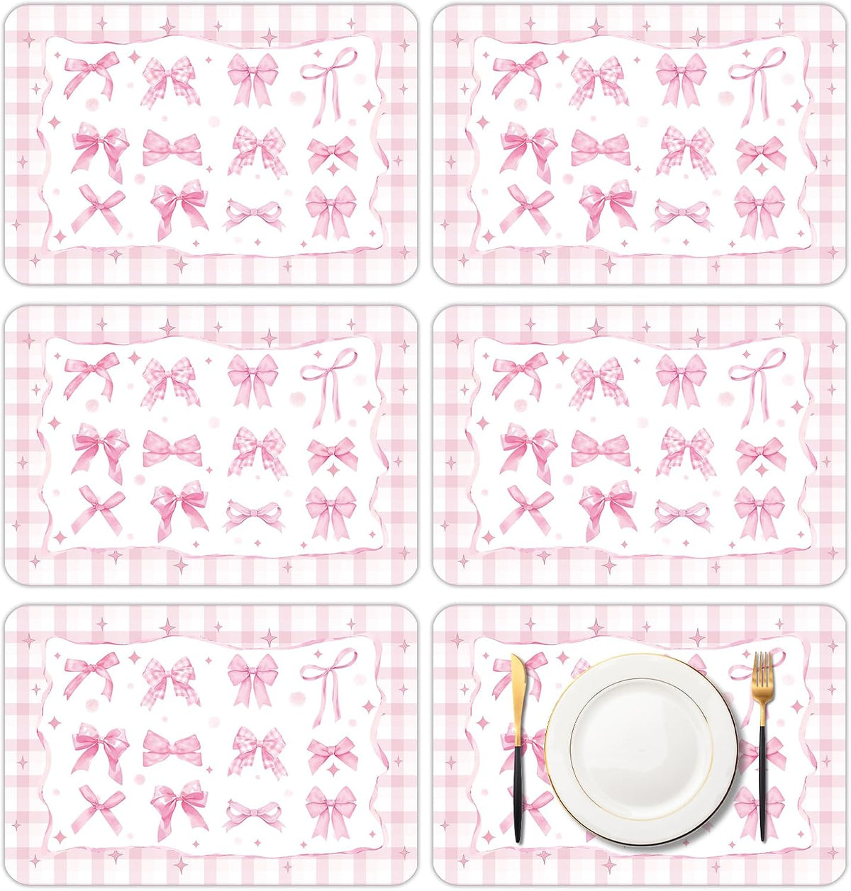 6 Pcs Pink Bow Plastic Placemats, 11x16 Inch Summer Cute Plaid Bow Placemats Seasonal Washable Table Mats for Wedding Baby Shower Birthday Party Kitchen Dining Decoration