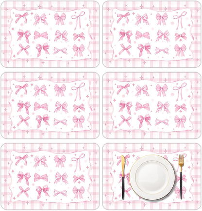 6 Pcs Pink Bow Plastic Placemats, 11x16 Inch Summer Cute Plaid Bow Placemats Seasonal Washable Table Mats for Wedding Baby Shower Birthday Party Kitchen Dining Decoration