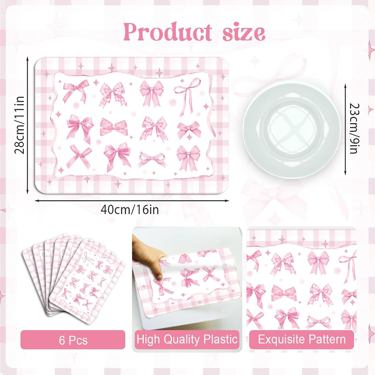 6 Pcs Pink Bow Plastic Placemats, 11x16 Inch Summer Cute Plaid Bow Placemats Seasonal Washable Table Mats for Wedding Baby Shower Birthday Party Kitchen Dining Decoration