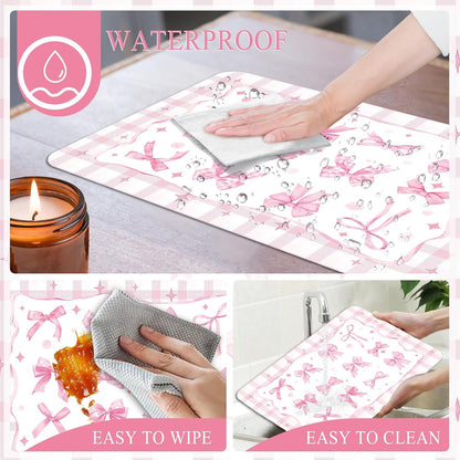 6 Pcs Pink Bow Plastic Placemats, 11x16 Inch Summer Cute Plaid Bow Placemats Seasonal Washable Table Mats for Wedding Baby Shower Birthday Party Kitchen Dining Decoration