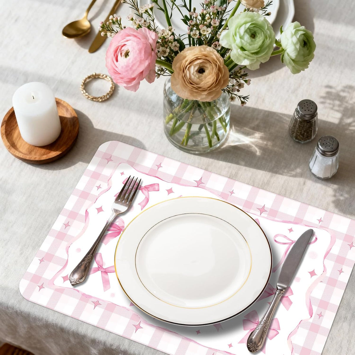 6 Pcs Pink Bow Plastic Placemats, 11x16 Inch Summer Cute Plaid Bow Placemats Seasonal Washable Table Mats for Wedding Baby Shower Birthday Party Kitchen Dining Decoration
