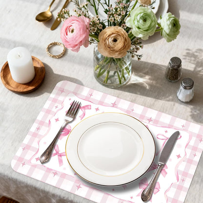 6 Pcs Pink Bow Plastic Placemats, 11x16 Inch Summer Cute Plaid Bow Placemats Seasonal Washable Table Mats for Wedding Baby Shower Birthday Party Kitchen Dining Decoration