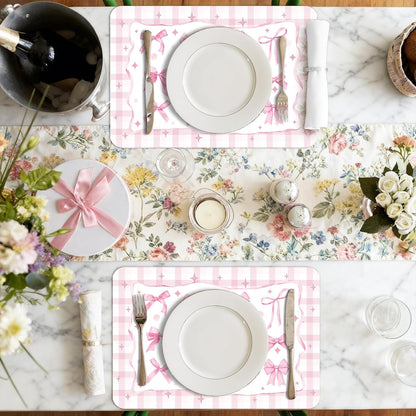 6 Pcs Pink Bow Plastic Placemats, 11x16 Inch Summer Cute Plaid Bow Placemats Seasonal Washable Table Mats for Wedding Baby Shower Birthday Party Kitchen Dining Decoration