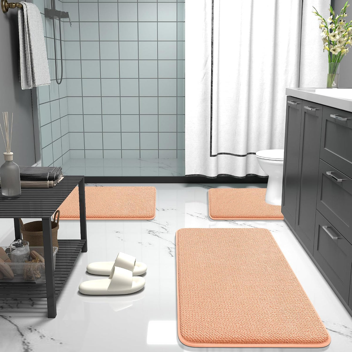 Thick Memory Foam Bathroom Rugs 30x20, Absorbent Bath Mat, Peach
