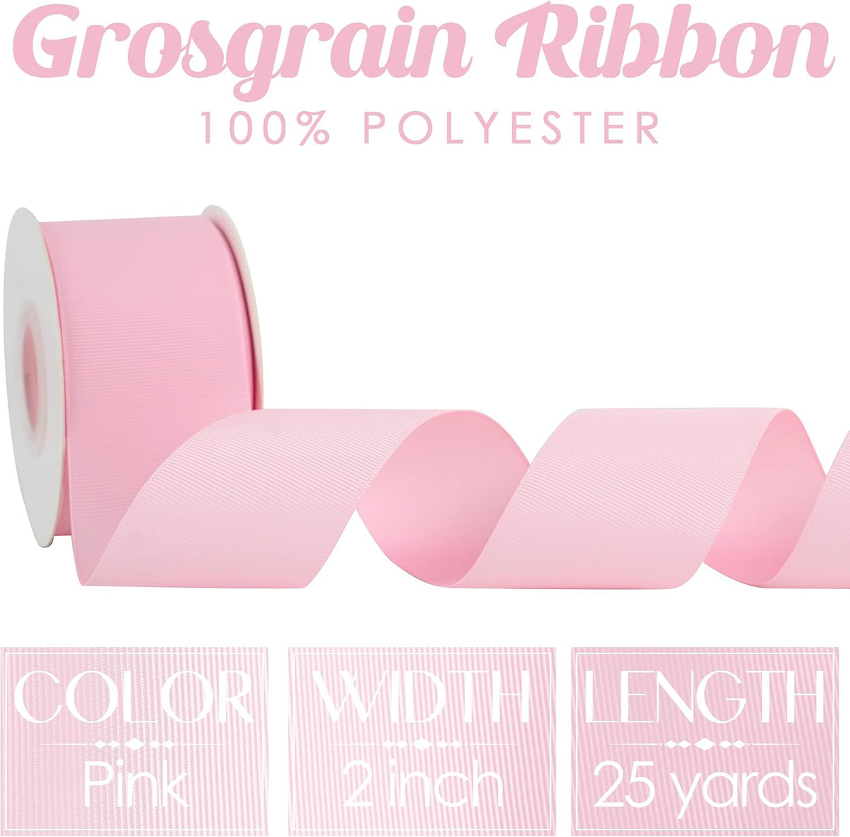 Pink Grosgrain Ribbon 2 Inch Grosgrain Hair Ribbons 25 Yards Per Roll Light Pink Baby Shower Ribbon for Hair Bow Supplies Boutique Ribbons for Crafts, Sewing, Scrapbooking