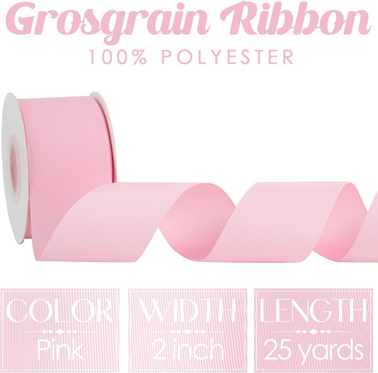 Pink Grosgrain Ribbon 2 Inch Grosgrain Hair Ribbons 25 Yards Per Roll Light Pink Baby Shower Ribbon for Hair Bow Supplies Boutique Ribbons for Crafts, Sewing, Scrapbooking