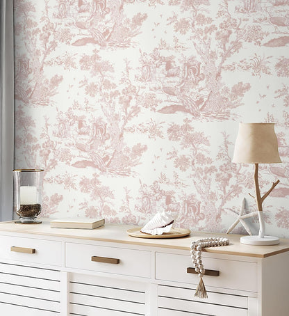 Pink and White Toile Peel and Stick Wallpaper 16" x 118" Classic Vintage Removable Self-Adhesive Vinyl Wallpaper for Bedroom Bathroom Cabinets