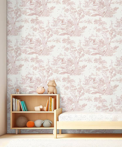 Pink and White Toile Peel and Stick Wallpaper 16" x 118" Classic Vintage Removable Self-Adhesive Vinyl Wallpaper for Bedroom Bathroom Cabinets