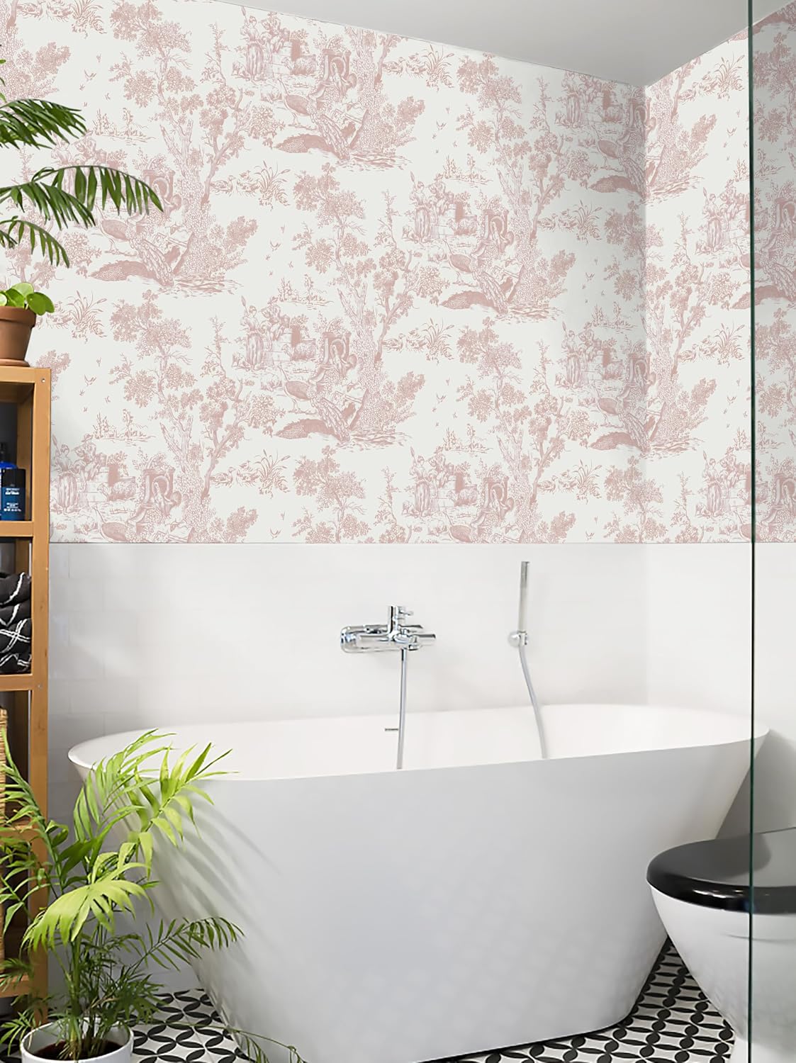 Pink and White Toile Peel and Stick Wallpaper 16" x 118" Classic Vintage Removable Self-Adhesive Vinyl Wallpaper for Bedroom Bathroom Cabinets