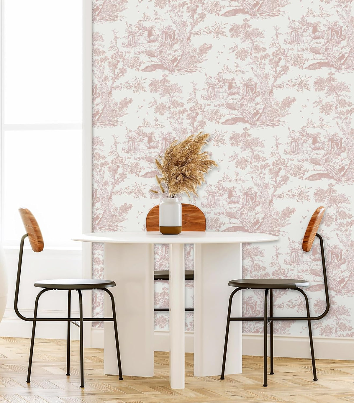 Pink and White Toile Peel and Stick Wallpaper 16" x 118" Classic Vintage Removable Self-Adhesive Vinyl Wallpaper for Bedroom Bathroom Cabinets