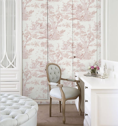 Pink and White Toile Peel and Stick Wallpaper 16" x 118" Classic Vintage Removable Self-Adhesive Vinyl Wallpaper for Bedroom Bathroom Cabinets