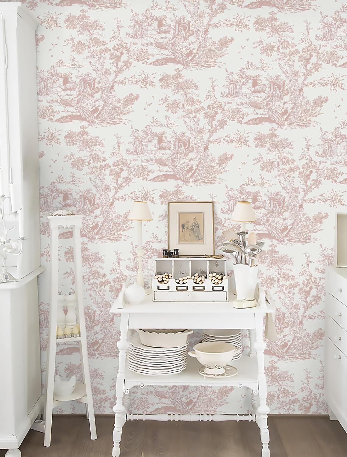 Pink and White Toile Peel and Stick Wallpaper 16" x 118" Classic Vintage Removable Self-Adhesive Vinyl Wallpaper for Bedroom Bathroom Cabinets