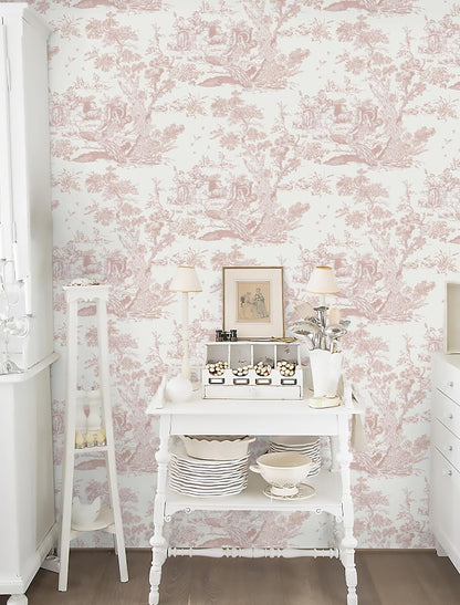 Pink and White Toile Peel and Stick Wallpaper 16" x 118" Classic Vintage Removable Self-Adhesive Vinyl Wallpaper for Bedroom Bathroom Cabinets
