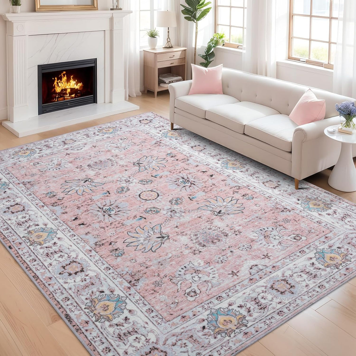 6x9 Washable Area Rugs Pink Boho Floral Vintage Living Room Rug