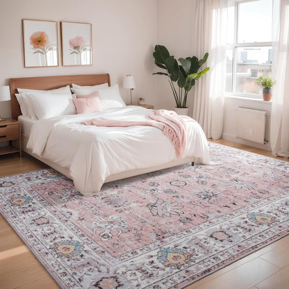 6x9 Washable Area Rugs Pink Boho Floral Vintage Living Room Rug