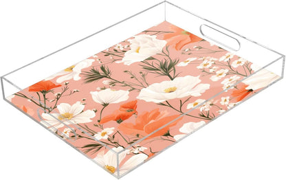 Spring Flowers Pink Serving Tray, Clear Acrylic Decorative Tray - Sturdy Huge Capacity Serving Platters/Kitchen Countertop Tray/Vanity Table Tray 12"x16"