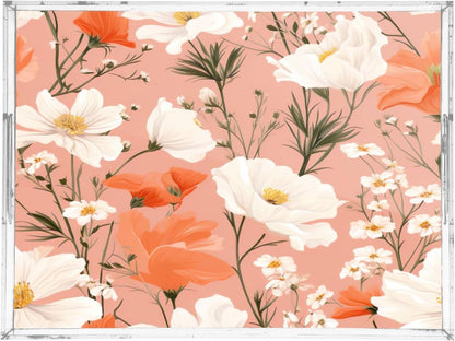 Spring Flowers Pink Serving Tray, Clear Acrylic Decorative Tray - Sturdy Huge Capacity Serving Platters/Kitchen Countertop Tray/Vanity Table Tray 12"x16"
