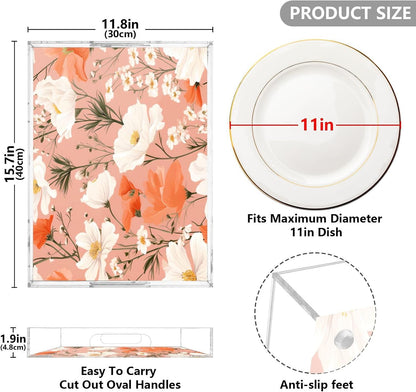 Spring Flowers Pink Serving Tray, Clear Acrylic Decorative Tray - Sturdy Huge Capacity Serving Platters/Kitchen Countertop Tray/Vanity Table Tray 12"x16"