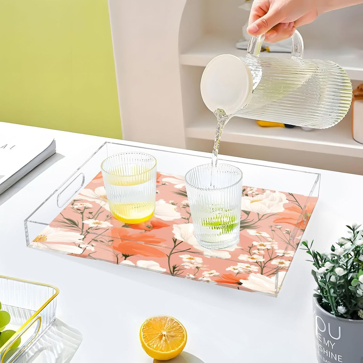 Spring Flowers Pink Serving Tray, Clear Acrylic Decorative Tray - Sturdy Huge Capacity Serving Platters/Kitchen Countertop Tray/Vanity Table Tray 12"x16"