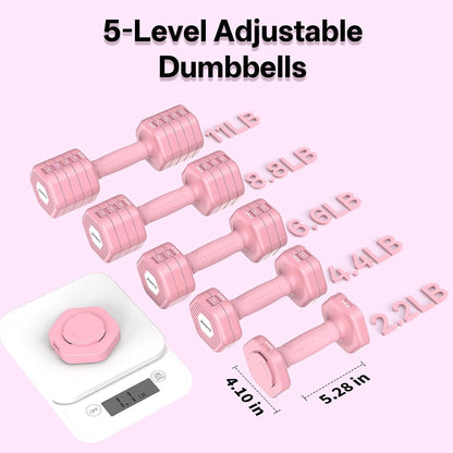 5-in-1 Adjustable Dumbbell Set, 8LB/11LB Pair Adjustable Weights for Women at Home, 1s-Adjust Dual Locking Stable Hand Weights with TPE Soft Handle, Home Gym, Rehab, Pilates, Yoga, Strength Training