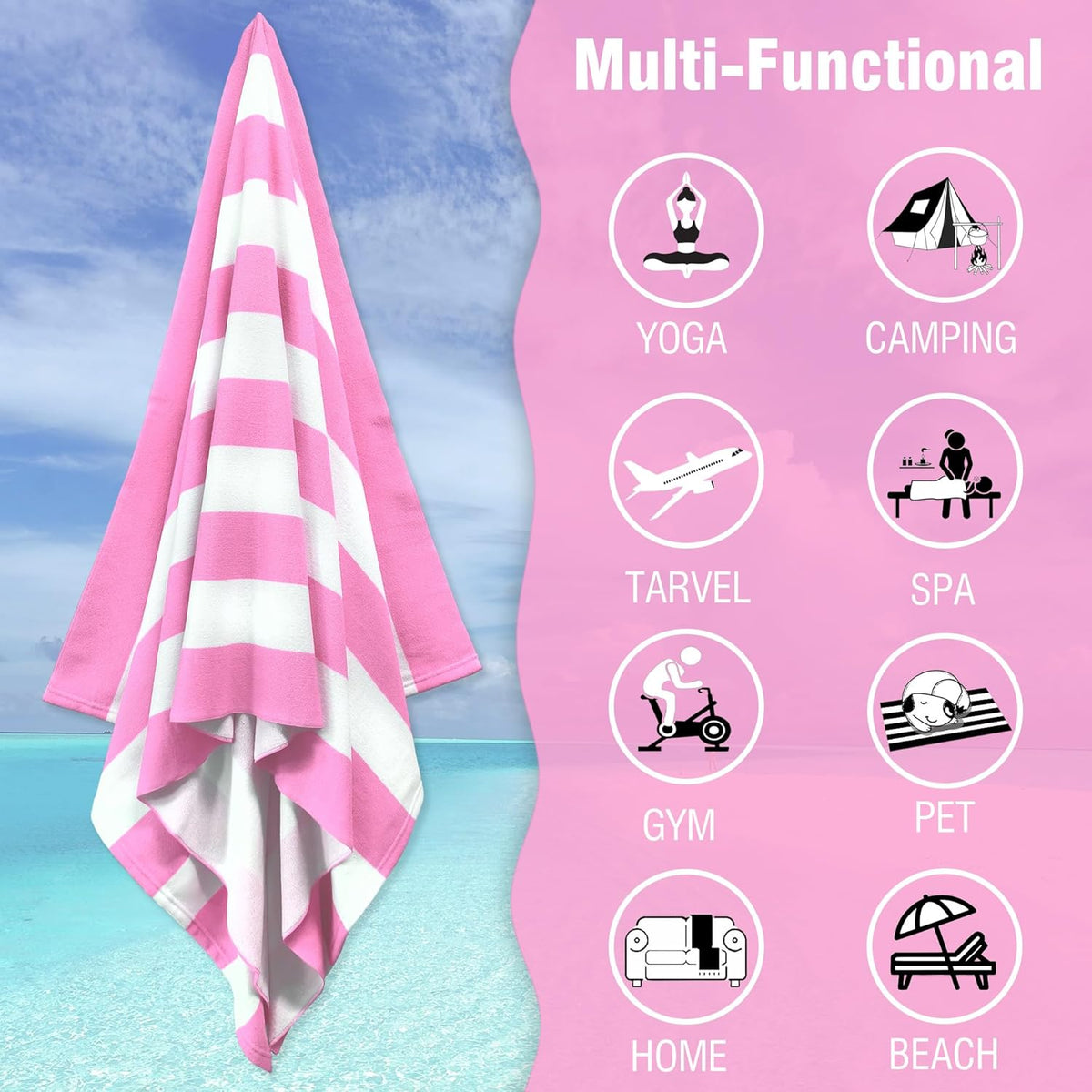 Large Oversized Beach Towel - 35 x 70 Inch Microfiber Pool Towel, Pink Striped Quick Dry Cabana Swim Towel