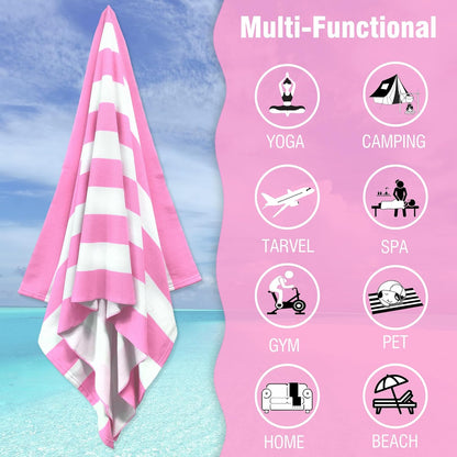 Large Oversized Beach Towel - 35 x 70 Inch Microfiber Pool Towel, Pink Striped Quick Dry Cabana Swim Towel