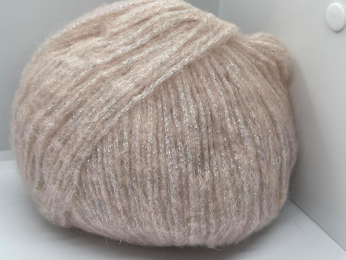 Shell Pink, Silver Charm - DK Weight Metallic Sparkle, Mohair Wool Acrylic Nylon Blend Yarn with Sparkle 50 Grams (1.75 Ounces) 200 Meters (218 Yards)