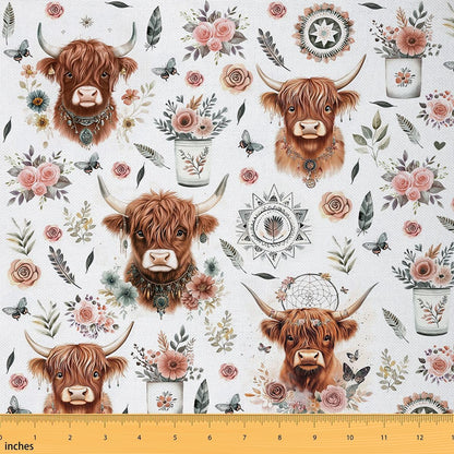 Highland Cow Fabric by The Yard Retro Pink Rose Mandala Fabrics for Sewing Supplies Boho Feather Animal Butterfly Fabric DIY Soft Polyester No Stretch 1 Yard,36" L x 59" W