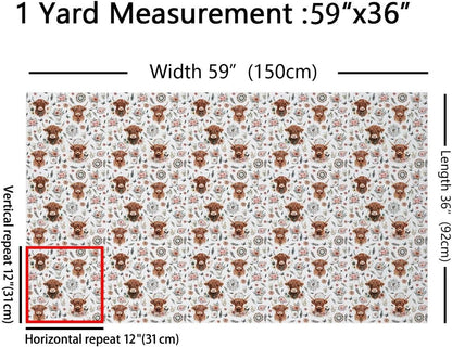 Highland Cow Fabric by The Yard Retro Pink Rose Mandala Fabrics for Sewing Supplies Boho Feather Animal Butterfly Fabric DIY Soft Polyester No Stretch 1 Yard,36" L x 59" W